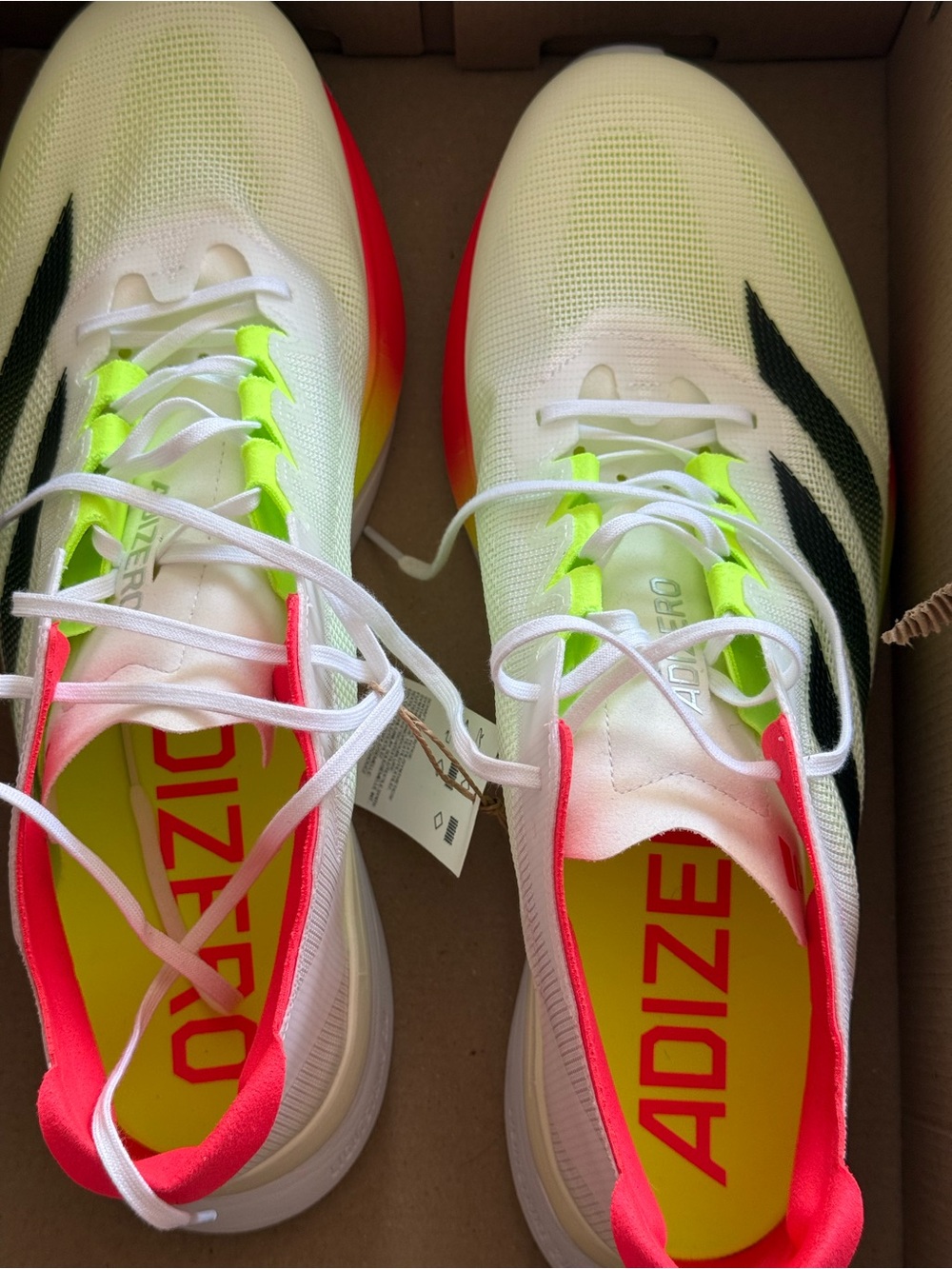 adidas Adizero Women’s Running Shoes - White with Neon Yellow & Pink-Red Accents